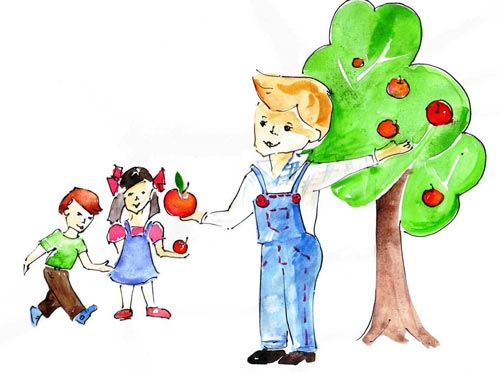 5.	Мальчик срывает с ветки яблоки и угощает детей